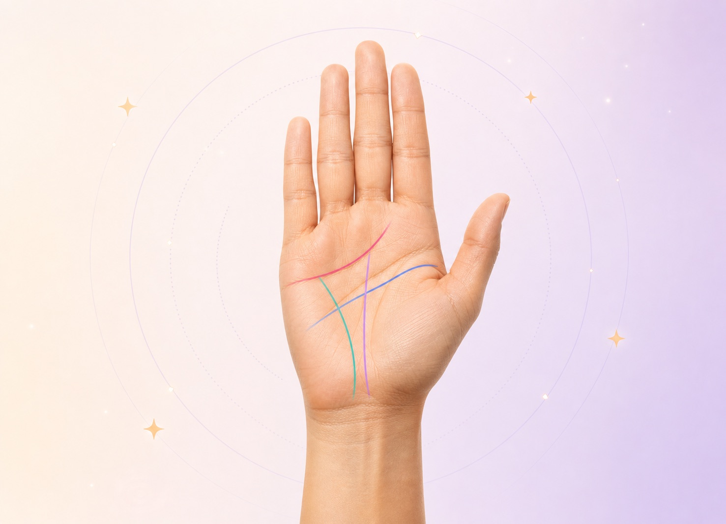 AI palm reading visual with colored heart, head, life, and fate lines