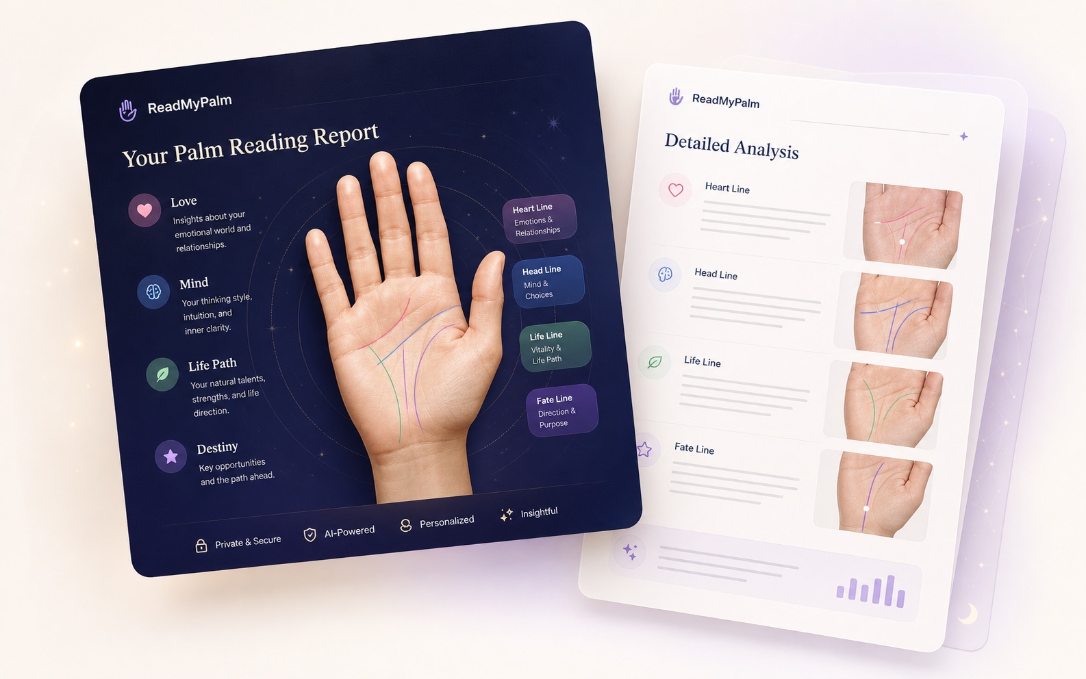 ReadMyPalm report preview artwork with palm analysis cards